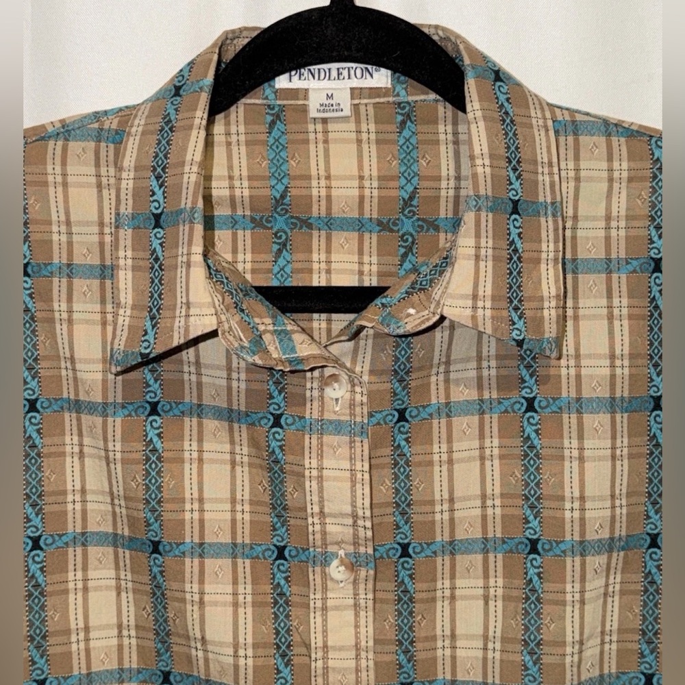 Pendleton Shirt Turquoise Blue Tan Brown Western Country Plaid Blouse Women’s M
